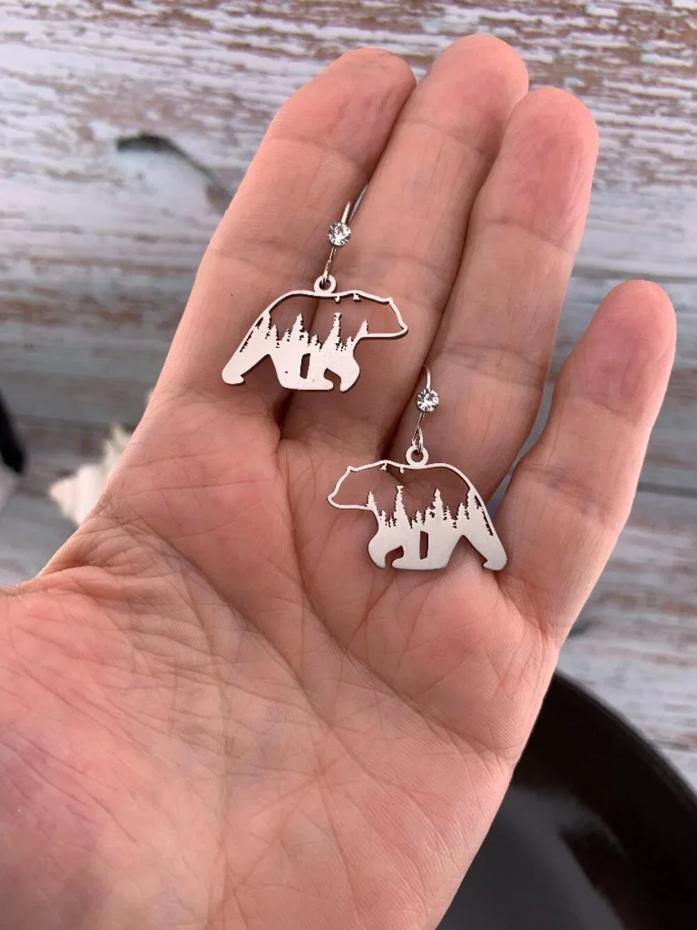Bear Pine Trees Stainless Steel Handmade Handcrafted Earrings LR178
